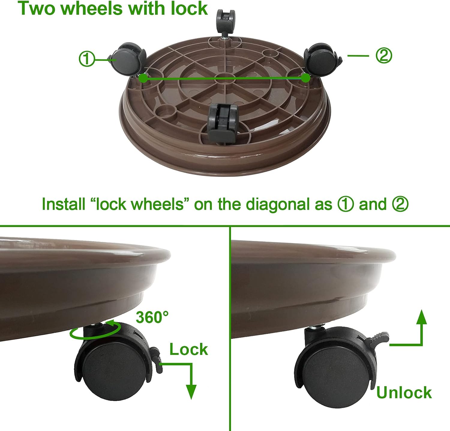 2 Pack of Plant Pallet Caddy with Wheels, Round Flower Pot Mover, Indoor Rolling Planter Dolly on Wheels, Outdoor Planter Trolley Tray Coaster, Brown